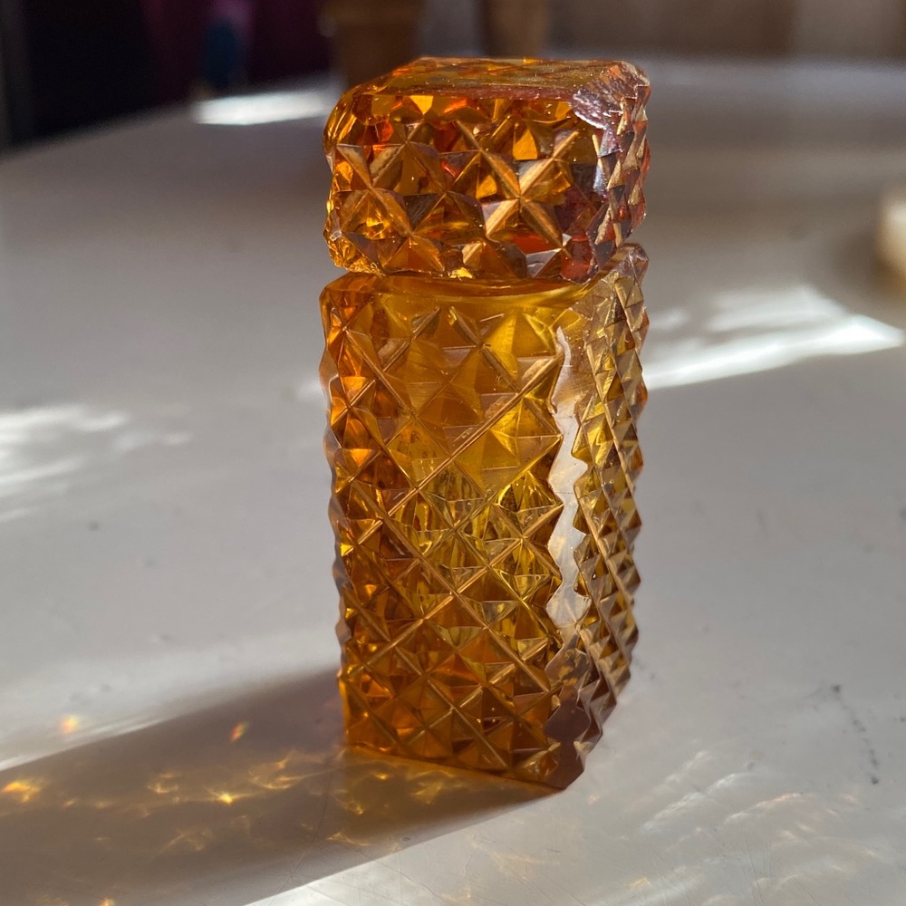 Vintage amber glass small perfume bottle with gold tone details